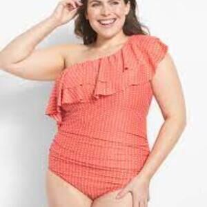 Swim by Cacique textured dot coral tiered one shoulder one piece swimsuit